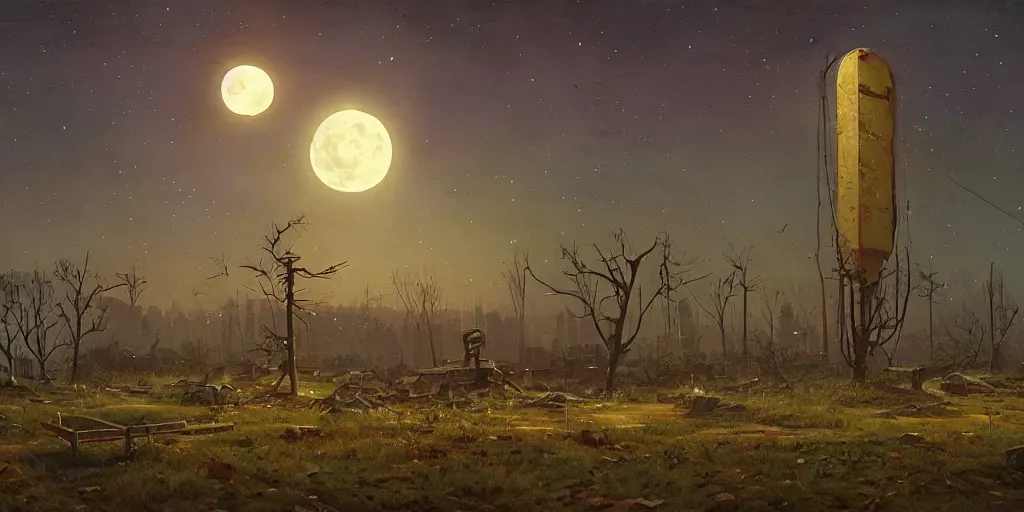 Image similar to abandoned civilisation at night, moonlight lighting, landscape painted by simon stalenhag