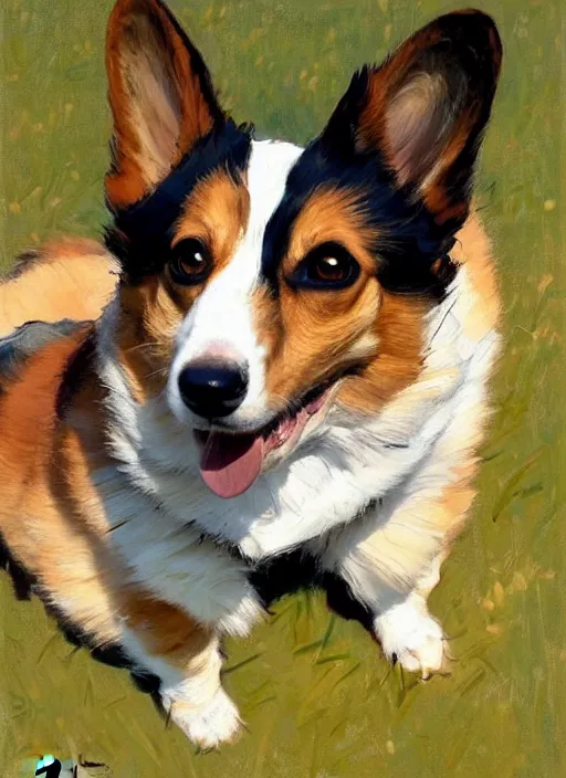 Image similar to Greg Manchess painting of an anthropomorphic Corgi, countryside, calm, fantasy character portrait, dynamic pose, above view, sunny day, artwork by Jeremy Lipkin and Giuseppe Dangelico Pino and Michael Garmash and Rob Rey, very coherent asymmetrical artwork, sharp edges, perfect face, simple form, 100mm