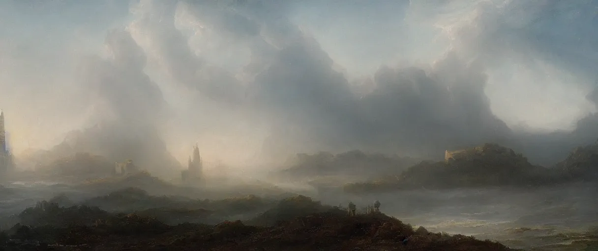 Image similar to an impossibly large tower rising from a sea of mist,evocative,romanticism landscape painting