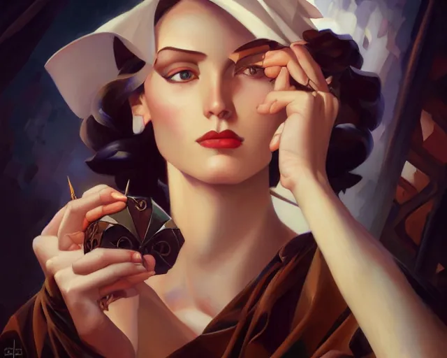 Image similar to photography of tamara lempicka, deep focus, d & d, fantasy, intricate, elegant, highly detailed, digital painting, artstation, concept art, matte, sharp focus, illustration, hearthstone, art by artgerm and greg rutkowski and alphonse mucha