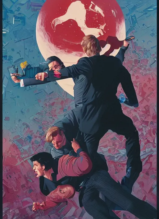 Image similar to poster artwork by Michael Whelan and Tomer Hanuka, Karol Bak of Tom Cruise attacking Philip Seymour Hoffman, from scene from Twin Peaks, clean