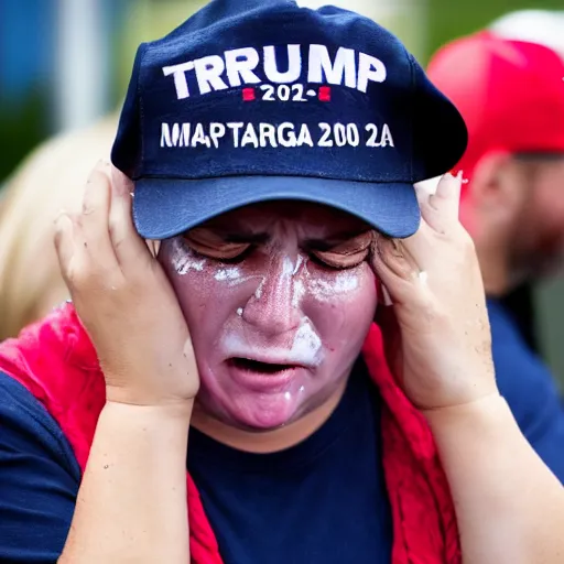 Prompt: photo still of a trump supporter crying, soaked in tears, mascara running down, street photography, maga hat, canon 7 0 - 2 0 0 mm lens f 2. 8