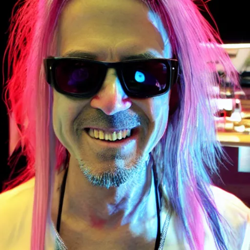 Image similar to David Shing is an electrical wizard in cyberpunk utopia, by Rob McCall, detailed facial features, smile