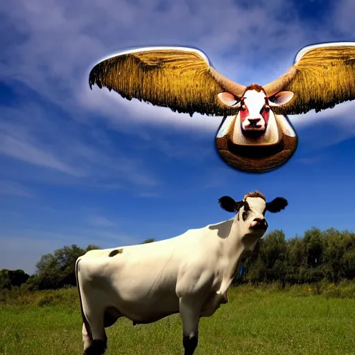 Prompt: a cow with bird wings flying in the sky