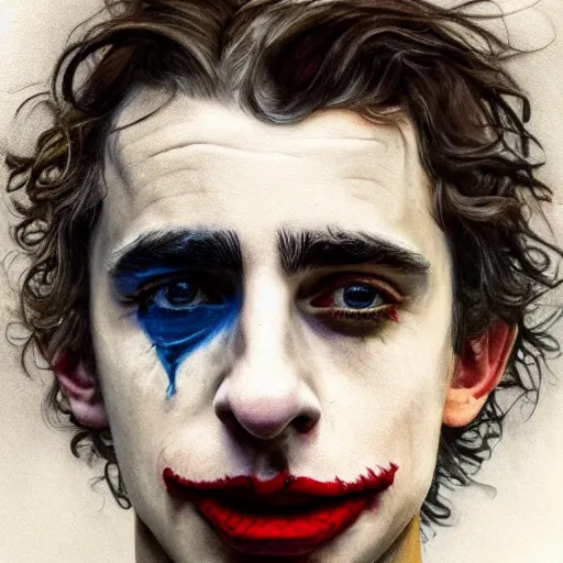 Image similar to cinematic portrait of timothee chalamet as the joker, perfect face, neon rain, moody, elegant, by alyssa monks, highly detailed, symmetrical face, fine details, masterpiece, trending on artstation