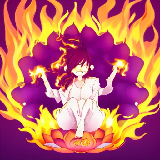 Image similar to fluffy popcorn anime character with a smiling face and flames for hair, sitting on a lotus flower, clean composition, symmetrical