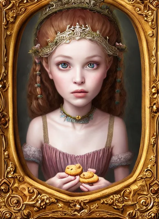 Image similar to highly detailed closeup portrait of a fairytale medieval princess eating cookies, unreal engine, nicoletta ceccoli, mark ryden, lostfish, earl norem, global illumination, god rays, detailed and intricate environment
