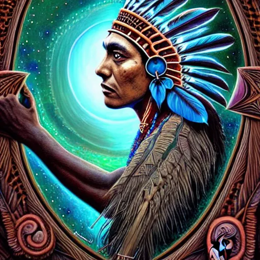 Image similar to : taino indian shamen fantasy, cosmic fantasy magic, cosmos, intricate, sharp focus, illustration, highly detailed, digital painting, concept art, matte, jahbu art and paul lewin masterpiece