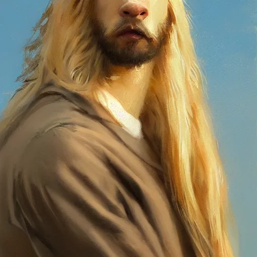 Image similar to oil painting of a young man with long hair blond and a beard hippie style painting on a golden retriever, people watching around, by greg rutkowski, artstation