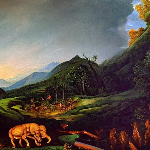 Image similar to detailed oil painting of a pipe organ monster rampaging the countryside by Asher Brown Durand,