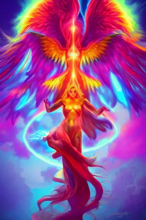 Prompt: rainbow colorful magic phoenix goddess, trending on artstation, cgsociety, artgerm, visually stunning, beautiful lighting, sunrise