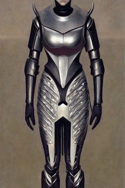 Image similar to full body portrait of beautiful gothic and futuristic fashion model, intriguing space armour, cyber armour, highly detailed, artstation, illustration, composition, 8 k quality, art by jean delville, rene magritte, hyperrealism oil painting