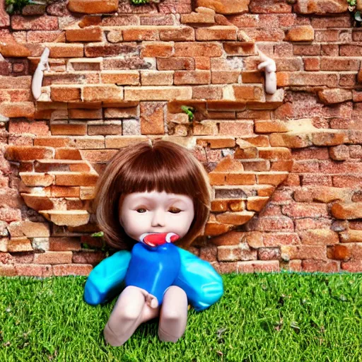 Image similar to plastic doll with giant realistic hands eating a cookie sitting on brick wall, garden background, sky, photo, hd