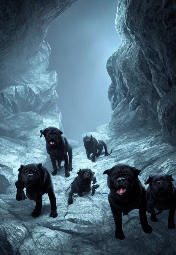 Prompt: a pack of three angry rabid demonic evil lovecraftian monstrous dark black mastiffs made of shadows while exploring a claustrophobic dark blue canyon of stone, tendrils of black shadow, digital art, greg rutkowski, unreal engine, octane render, cinematic lighting, highly detailed