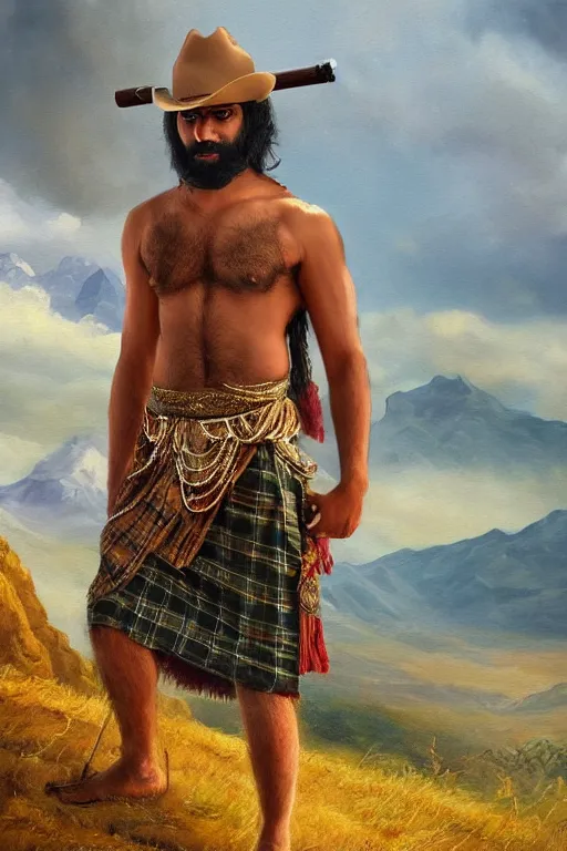 Prompt: a dramatic epic beautiful ethereal painting of a shirtless hairy desi man | he is wearing a plaid kilt and cowboy hat, and holding a long wooden staff | background is mountain peaks and clouds | dramatic lighting, golden hour, homoerotic, realistic, art nouveau | by mark maggiori | trending on artstation