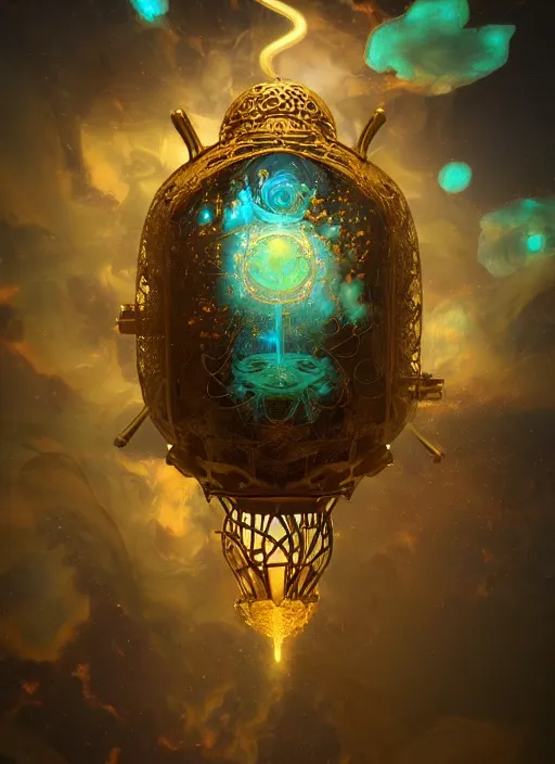 Image similar to flowers within the whole infinite capsule apparent with awe the apparition, an idea seep's into infinity highly detailed in volumetric latent space, golden turquoise steampunk, high contrast cinematic light, mystical shadows, sharp focus, divine realm of gods, octane render, artist by boris vallejo,