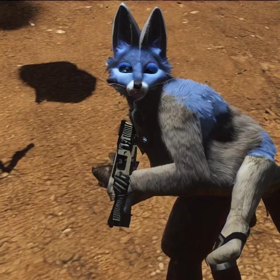 Image similar to a blue fennec fox furry in a fursuit in red dead redemption 1 killing himself with his revolver