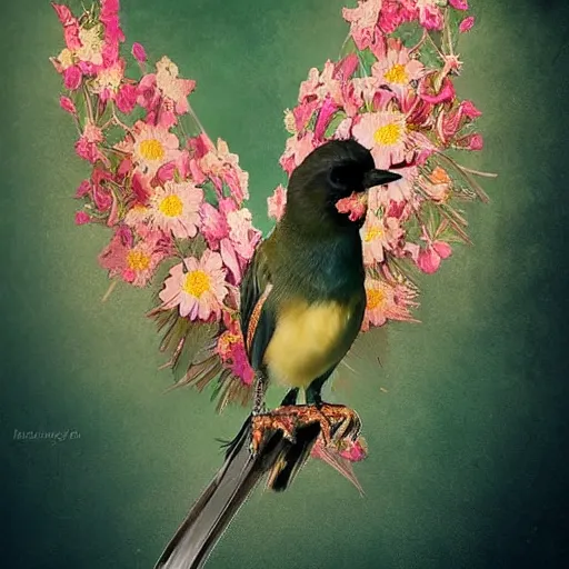 Image similar to a bird with arms instead of wings holds a beautiful flower, digital art, high detail, realistic