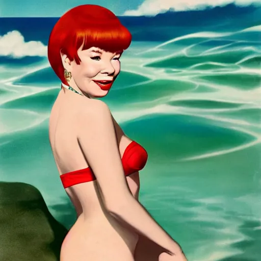 Image similar to !dream a very beautiful Playboy Magazine illustration of Shirley Maclaine in 1959, full body, short red hair, bangs haircut, green watery eyes, full round face, short smile, pale pink bikini, serene beach setting, cinematic lightning, medium shot, mid-shot, highly detailed, trending on artstation, Unreal Engine 4k, cinematic wallpaper by Rudolph Belarski, Gil Elvgren, Robert Maguire, Mort Kunstler, Andrei Riabovitchev, Marc Simonetti, and Sakimichan