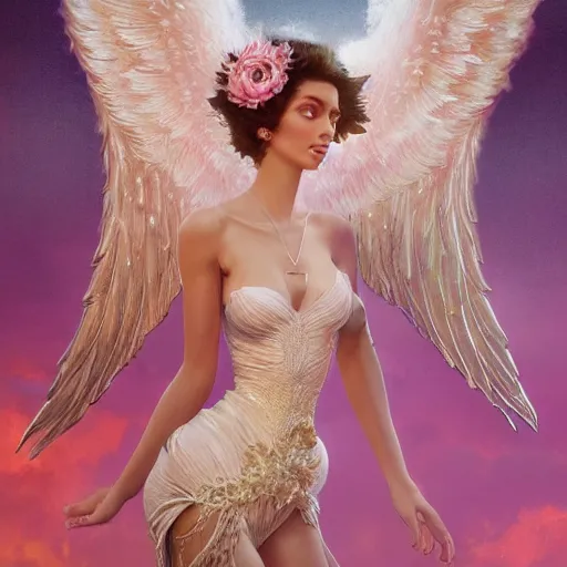 Prompt: expressive full body photo of sophia lauren as beautiful angel, smooth glowing skin, ornate headpiece made from pink flowers, glamour shot, by karol bak, by greg rutkowski, by artgerm, octane render, unreal engine, photorealistic, canon r 3, fashion photography
