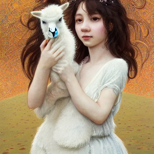 Prompt: hyperdetailed portrait of a white alpaca playing with a girl, highly detailed portrait, digital painting, artstation hq, sharp foccus ilustration, artstation hq. intricate, elegant. wlop, artgerm, greg rutkowski, alphonse mucha, medium shot. dan mumford, tomokazu matsuyama, takato 4 yamamoto