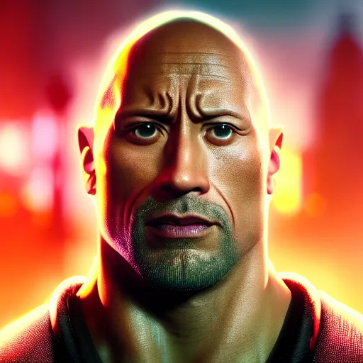 Image similar to dwayne johnson portrait, cyberpunk 2 0 7 7, photorealistic, ultra detailed, neon, octane, bokeh, cinematic lighting, cyber, cyberpunk city, studio quality, feature, scars, cyberface, 8 k