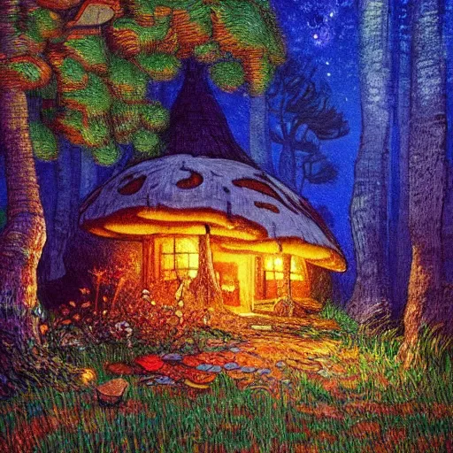 Image similar to mysterious detailed painting of a cozy woodland cottage in the woods at night, surrounded by giant glowing mushrooms, in the style of studio ghibli and moebius and claude monet and edward hopper and vincent van gogh