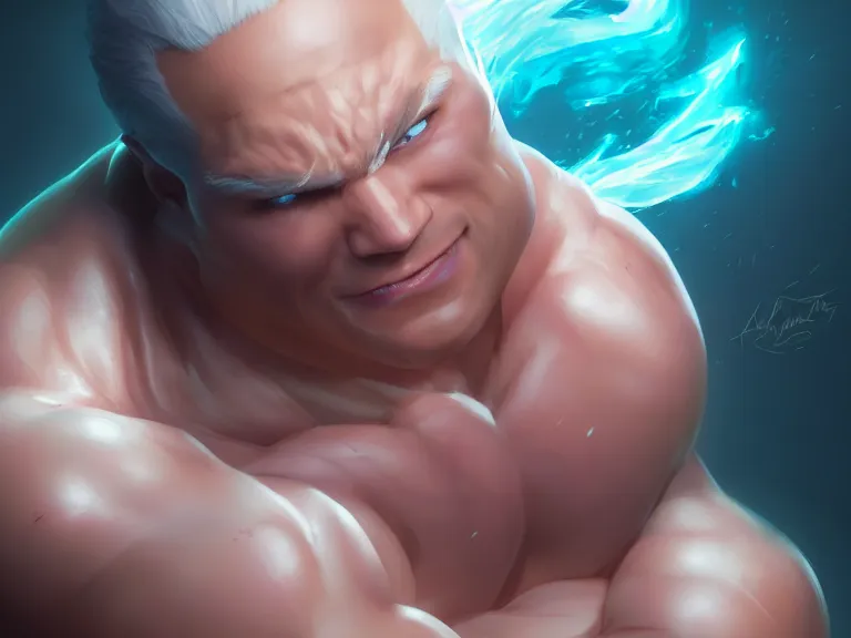 Prompt: portrait of a professional powerlifter, energy illuminates veins, low angle, rule of thirds, white and teal gradient, photorealistic facial features, league of legends splash art, by chengwei pan, huang guangjian, viktoria gavrilenko, artgerm, greg rutkowski, 8 k, octane, digital painting, artstation