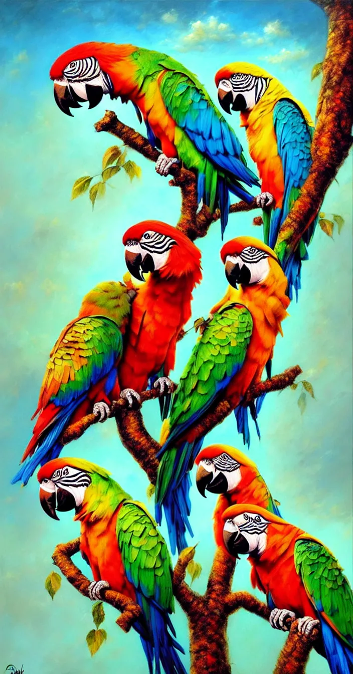 Prompt: realistic photo of colorful parrots sitting on tree, dark smooth background, very sharp focus, very hyper realistic, art of greg rutsowski, highly detailed, fantasy art station