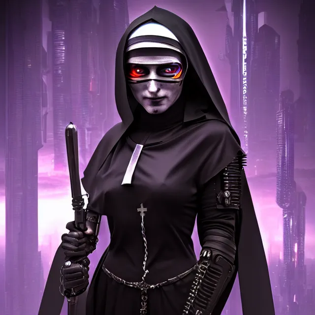 Image similar to cyberpunk nun warrior, highly detailed, 4 k, hdr, smooth, sharp focus, high resolution, award - winning photo, anne stokes, photorealistic