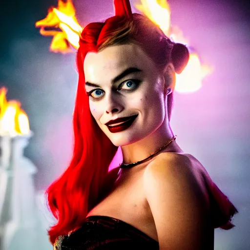 Image similar to photo of Margot Robbie as Harley Quinn, fire in background, bokeh, medium full shot, highly detailed skin and detailed face, flares, multicolor smoke