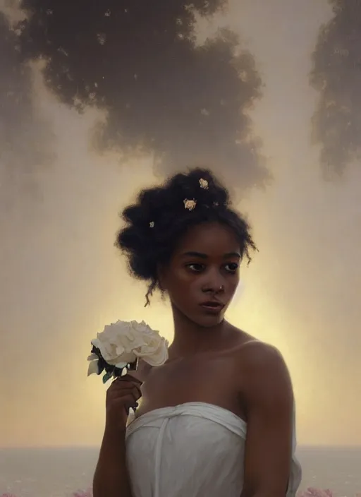 Image similar to oil painting close up portrait of a contemplative young black woman with long dark flowing hair in a white dress, surrounded by white roses!! at sunset, hazy, digital art, chiaroscuro, artstation, cinematic, golden hour, digital art painting by greg rutkowski, william - adolphe bouguereau, hazy atmosphere, cinematic lighting