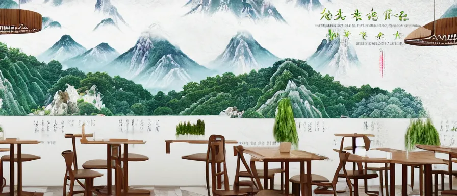 Image similar to a beautiful simple interior 4 k hd wallpaper illustration of small roasted string hotpot restaurant restaurant pagoda hill, wall corner, from china, wallpaper with mountains and white tile floor, rectangle white porcelain table, black chair, fine simple delicate structure, chinese style, simple style structure decoration design, victo ngai, 4 k hd
