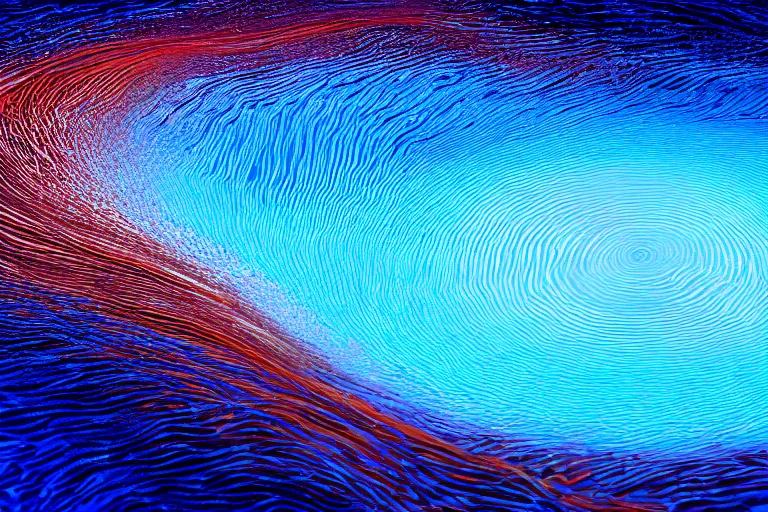 Image similar to wave of water particles, blue, orange, and brown colors, curl noise, vortex, simulation, featured on behance, uhd image, fractalism, painterly, media art, motion graphic, particles, fluids, 3 d, rendering, octane