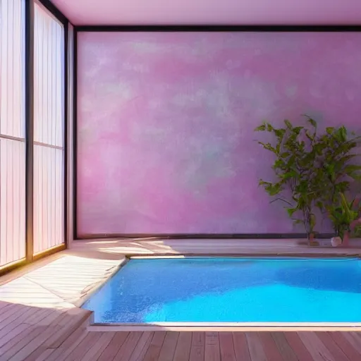 Image similar to A sunlit indoor lounge area with a pool with clear water and another pool with translucent pastel pink water, next to a big window, digital art, trending on Artstation