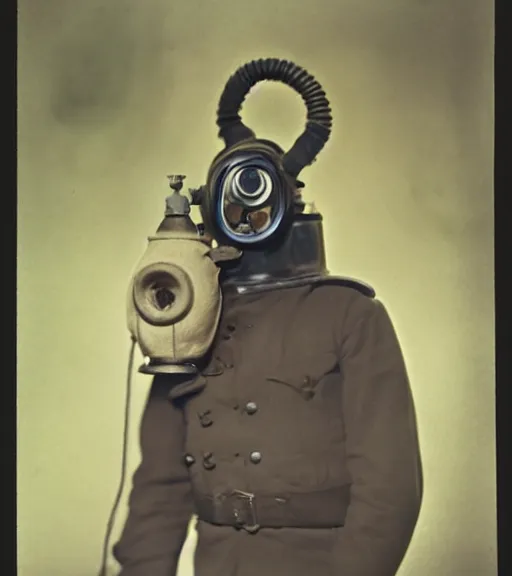 Image similar to person wearing scary gas mask, ww1 technicolor film photo, grainy, high detail, high resolution