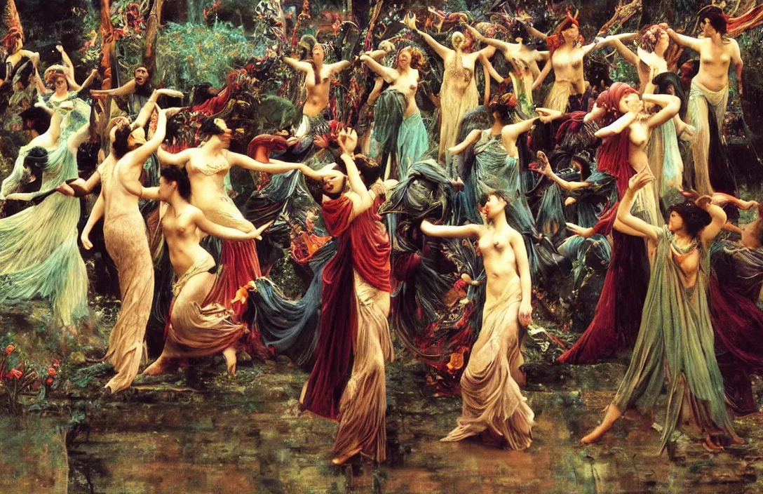 Prompt: midnight mass witches dancing in rain. dynamic gestures. flowing lines and colors highlight the movement. serenity.., film still by kubrick, depicted by herbert james draper, arnold bocklin, john willaim godward, sir lawrence alma - tadema. vibrant dark color palette, very intricate details, minimalist.