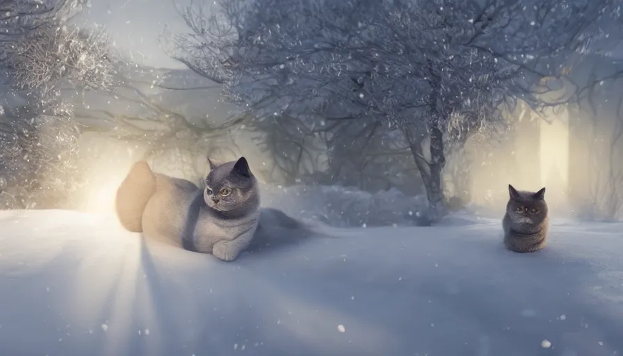 Image similar to british shorthair cat in the snow covered by snow, sunlight, volumetric light, hyperdetailed, artstation, cgsociety, 8 k