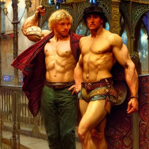 Image similar to attractive muscular arthur pendragon and muscular attractive merlin go to a pub together to have some drinks. highly detailed painting by gaston bussiere, craig mullins, j. c. leyendecker, alphonse mucha 8 k