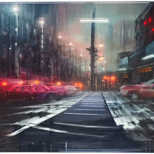 Image similar to deepfake video starts ww3, concept art, digital painting, artwork by cornelius dämmrich, night scene, urban hellscape, wet asphalt, parking lot,