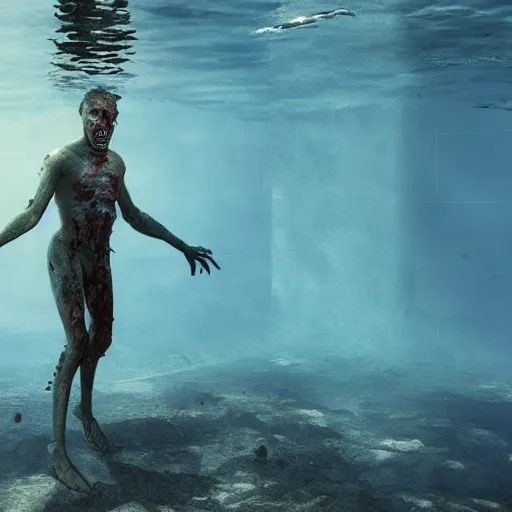 Image similar to highly detailed full body portrait of a zombie swimming underwater in a zombie - apocalypse, in a swimming pool, by greg rutkowski, octane render
