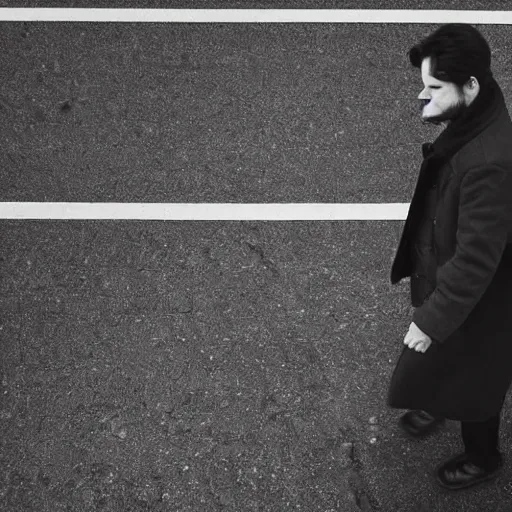 Image similar to A high angle dramatic portrait of a man wearing red coat , walking in a black and white street . Cinematic lighting