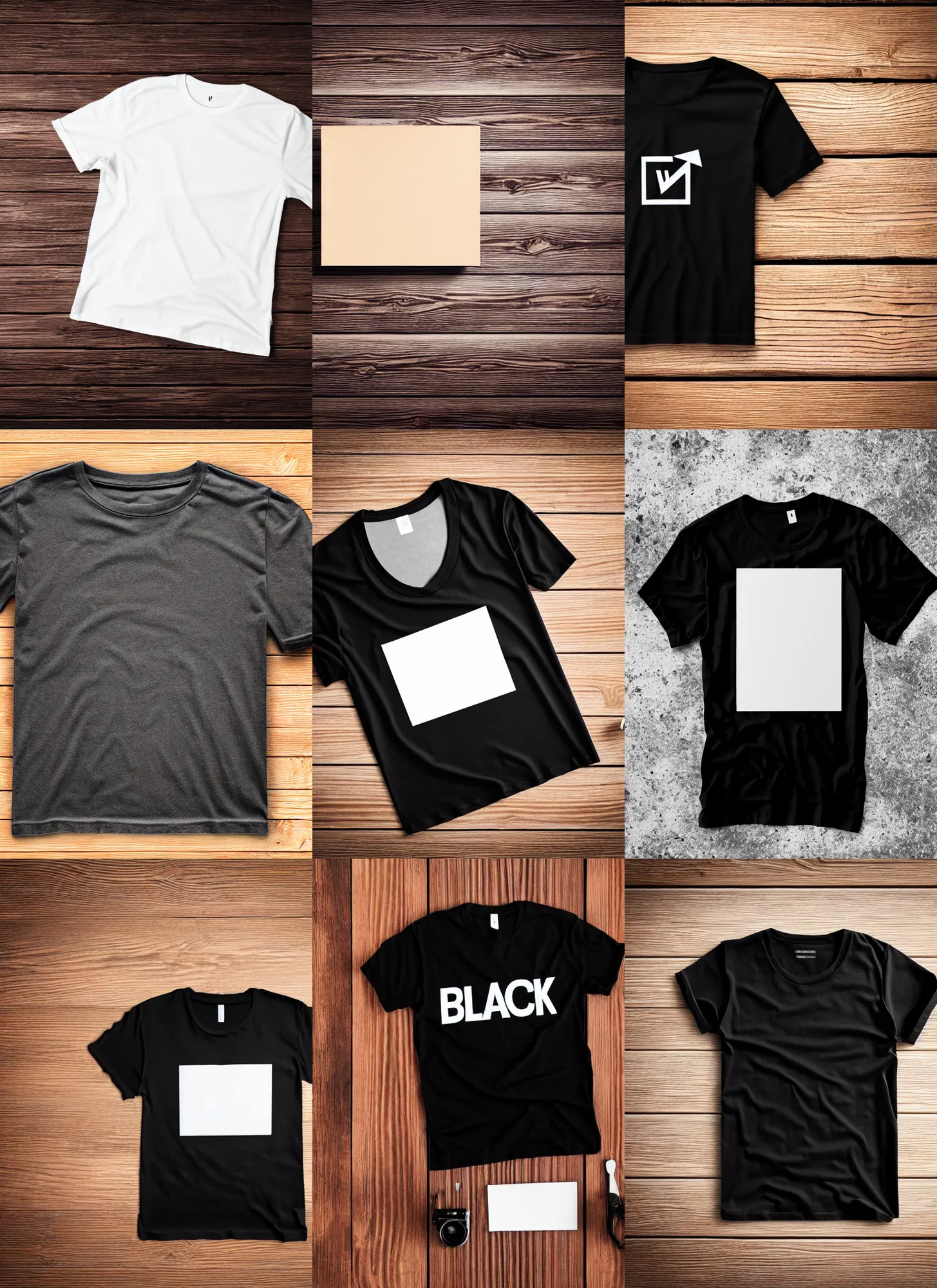 Prompt: clear photorealistic mockup product photograph of a blank black tshirt on a wooden background surrounded by various lifestyle props