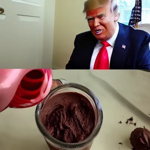 Image similar to donald j. trump spraying chocolate pudding onto liberals