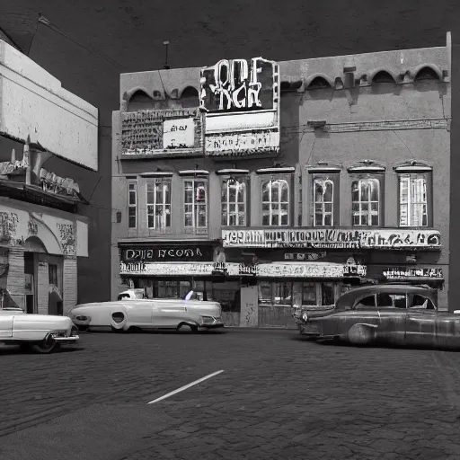 Prompt: old cinema, 1950, highly detailed, matte painting, concept art, cgsociety, octane render, trending on arstation, arstationHD, artstationHQ, unreal engine, 4k, 8k