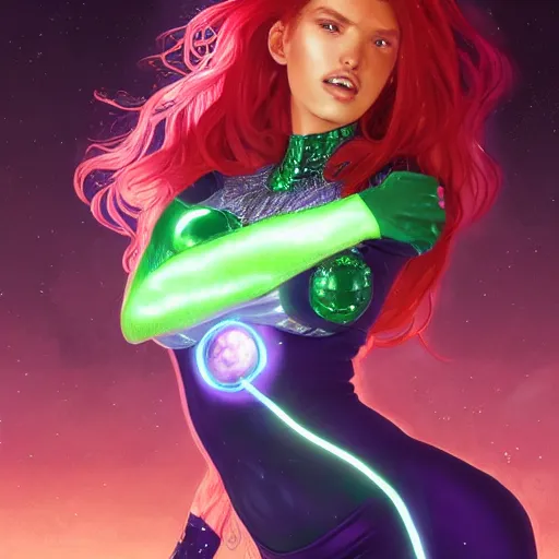 Image similar to ultra realistic illustration, bella thorne as starfire anime with glowing green eyes, intricate, elegant, highly detailed, digital painting, artstation, concept art, smooth, sharp focus, illustration, art by artgerm and greg rutkowski and alphonse mucha