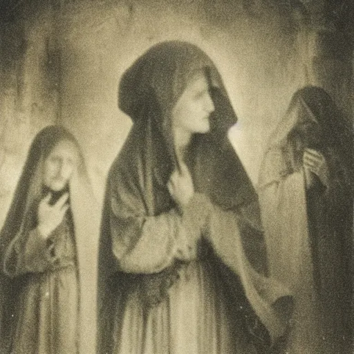 Image similar to 1 9 th century photo of 3 mary's at the tomb of jesus, by julia margaret cameron, beautiful composition