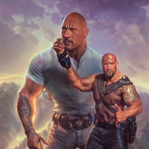 Image similar to Dwayne Johnson and Ryan Gosling Save the World, fantasy, intricate, elegant, highly detailed, digital painting, artstation, concept art, smooth, sharp focus, illustration, art by artgerm and greg rutkowski and alphonse mucha