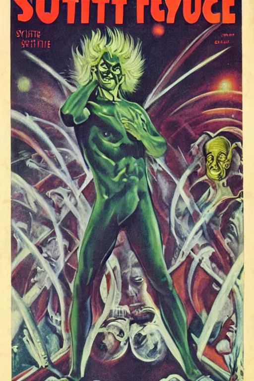 Image similar to Christopher Lloyd as Satan in retro science fiction cover by Kelly Freas (1950)