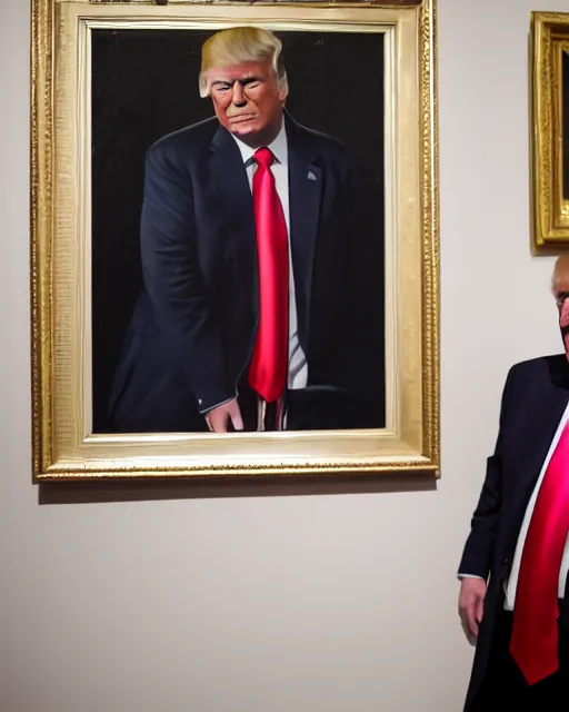 Prompt: a presidential portrait of donald trump in the style caricature artist oil painter sebastian kruger hanging on a wall at mar - a - largo